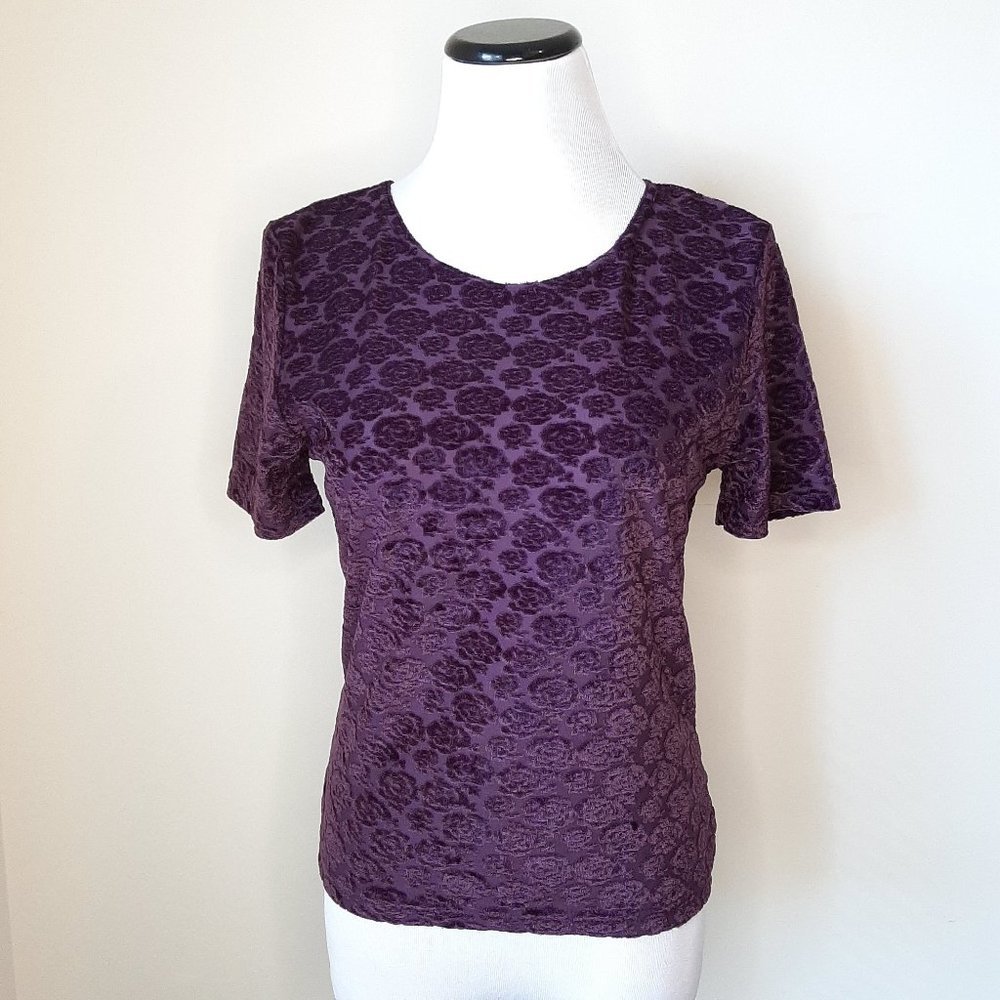 Vtg 90s Purple Velvet Burnout T Shirt Y2K Floral Textured Layer Babydoll, S/M